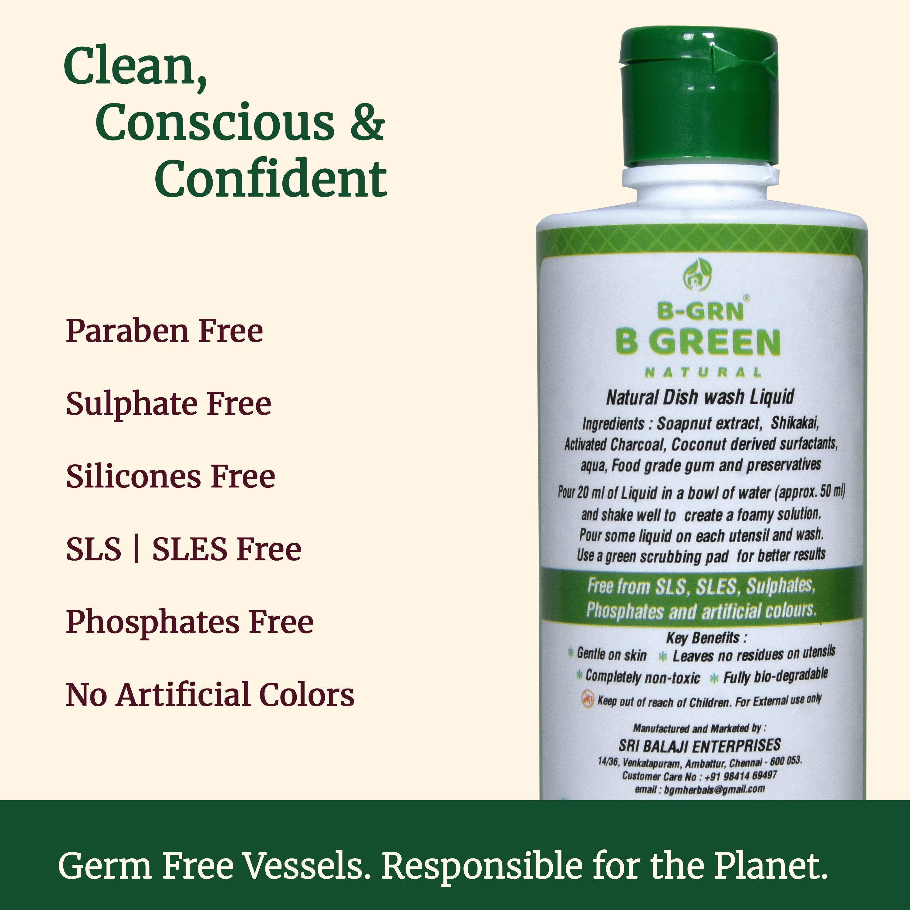 B-GRN BeGreen Wash charcoal dishwash liquid—SLS-free, sulphate-free, no synthetic dyes,