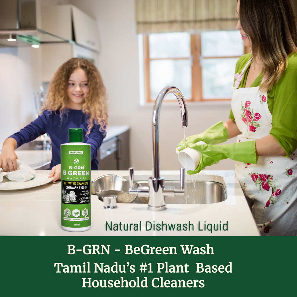 B-GRN BeGreen Wash activated charcoal dishwash liquid in use at kitchen sink—removes grease and odour without sulphates