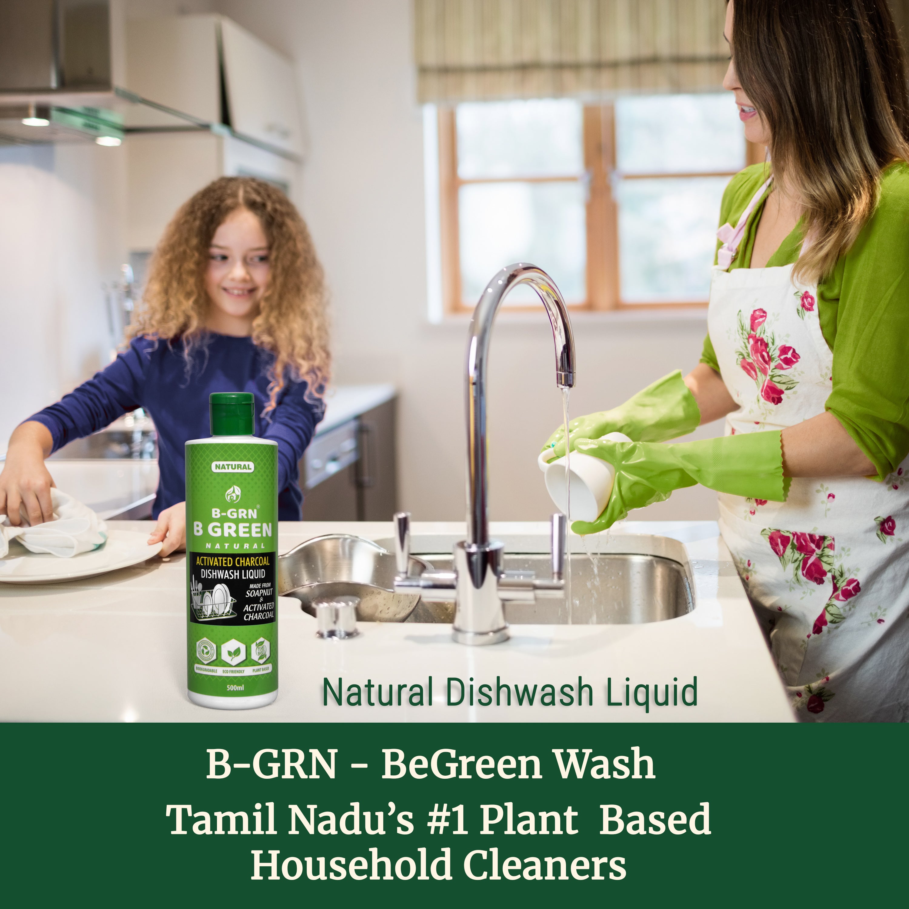 B-GRN BeGreen Wash activated charcoal dishwash liquid in use at kitchen sink—removes grease and odour without sulphates