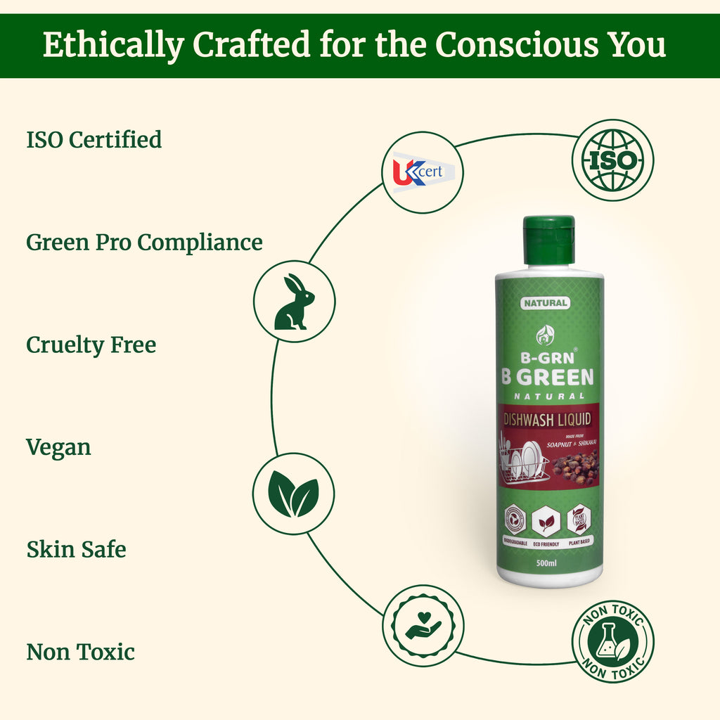 ISO-certified natural dishwashing liquid by B-GRN BeGreen Wash—quality-assured, made in Chennai