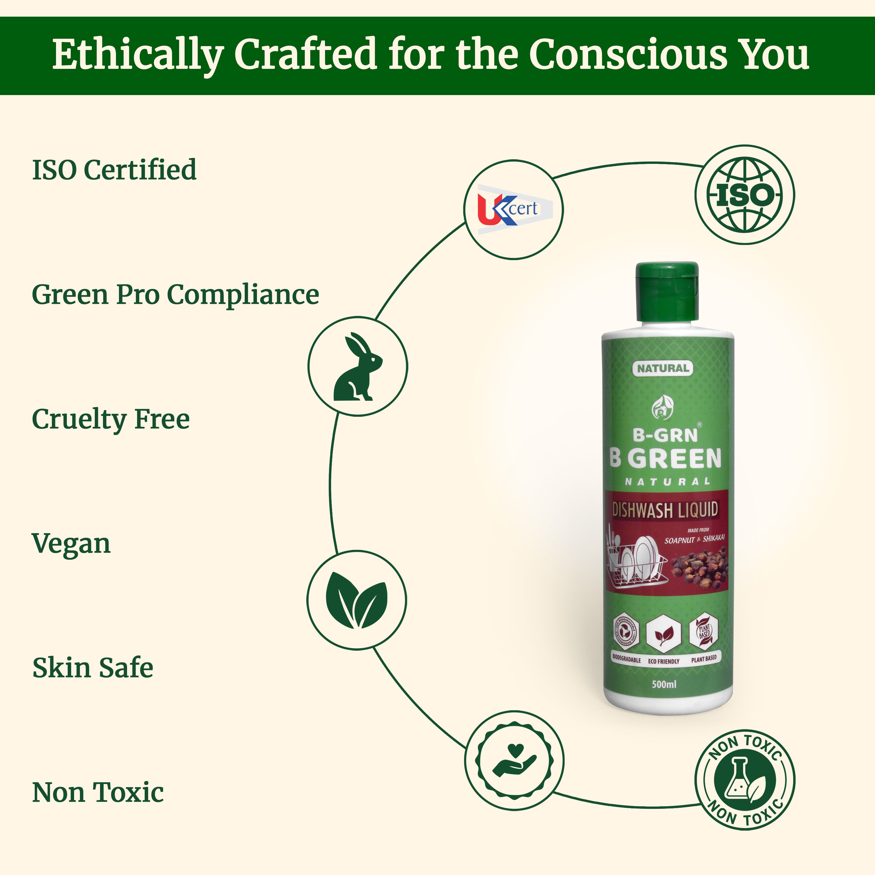ISO-certified natural dishwashing liquid by B-GRN BeGreen Wash—quality-assured, made in Chennai