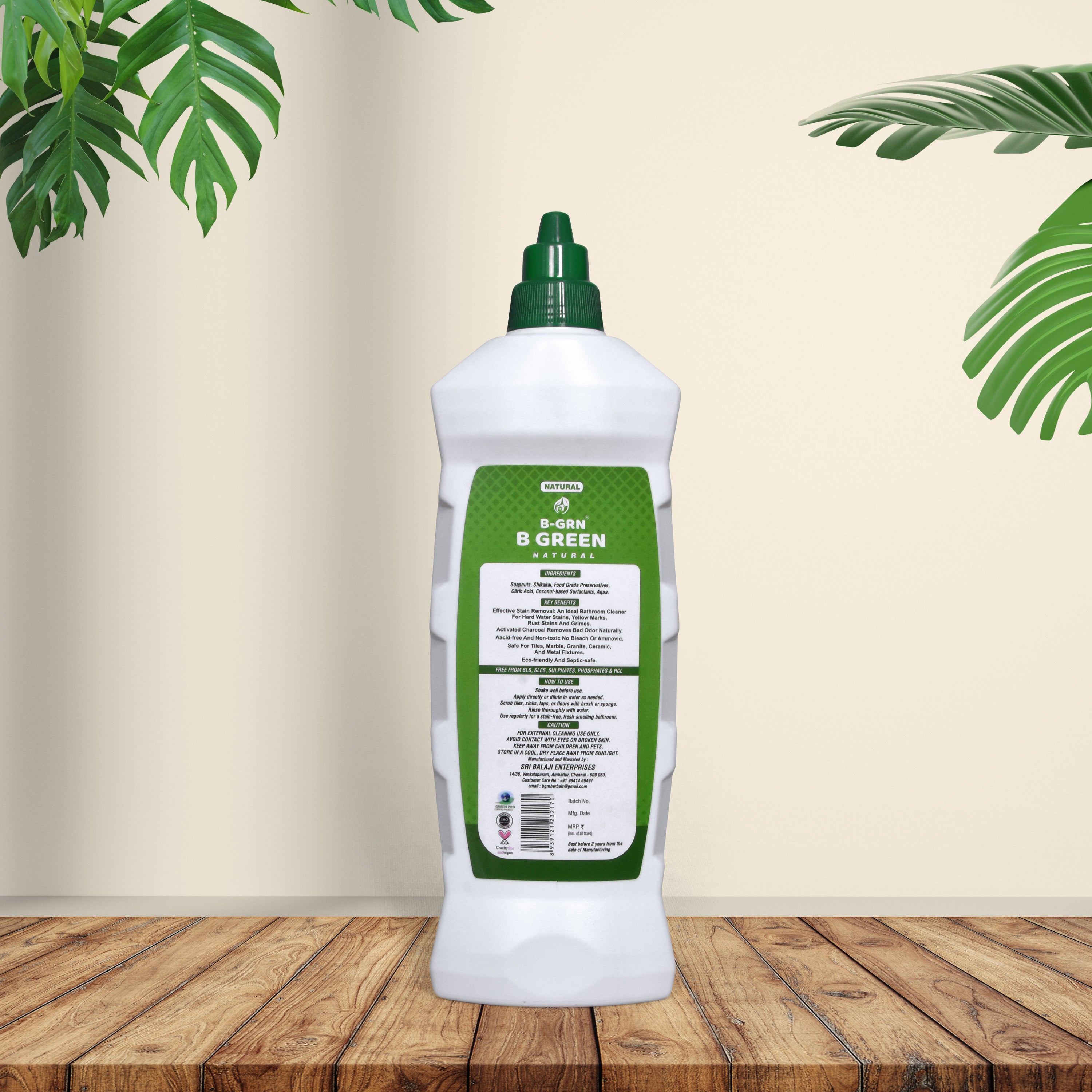 B-GRN BeGreen Wash bathroom tile cleaner, 500 ml back label—full ingredient list, usage directions, made in Chennai