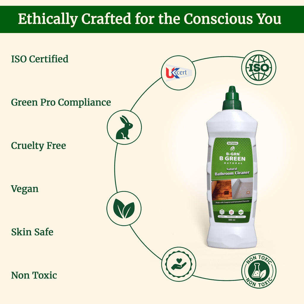 B-GRN BeGreen Wash bathroom tile cleaner—ISO certified, cruelty-free, vegan, skin-safe, and non-toxic natural cleaner