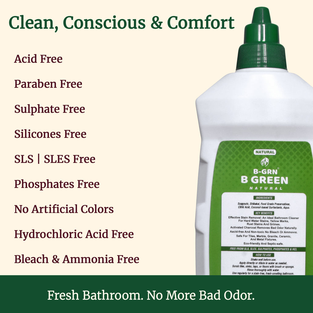 B-GRN BeGreen Wash bathroom tile cleaner—acid-free, SLS-free, sulfate-free, paraben-free, bleach-free, and no artificial colour