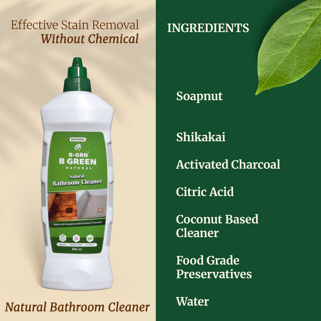 Natural ingredients in B-GRN BeGreen Wash bathroom tile cleaner—soapnut, shikakai, citric acid and coconut surfactants