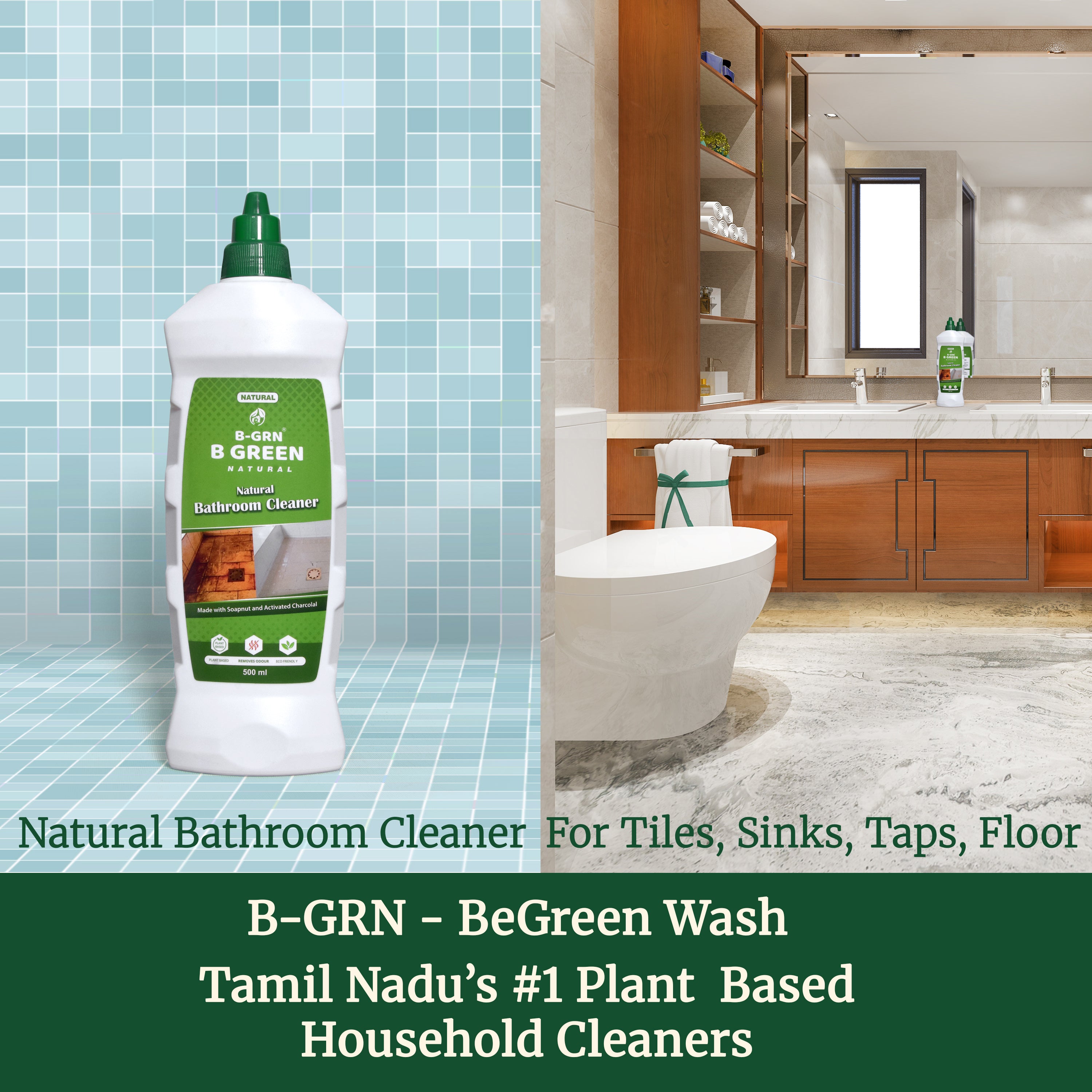 B-GRN BeGreen Wash bathroom tile cleaner applied on tiles — removes stains without acid fumes, septic safe