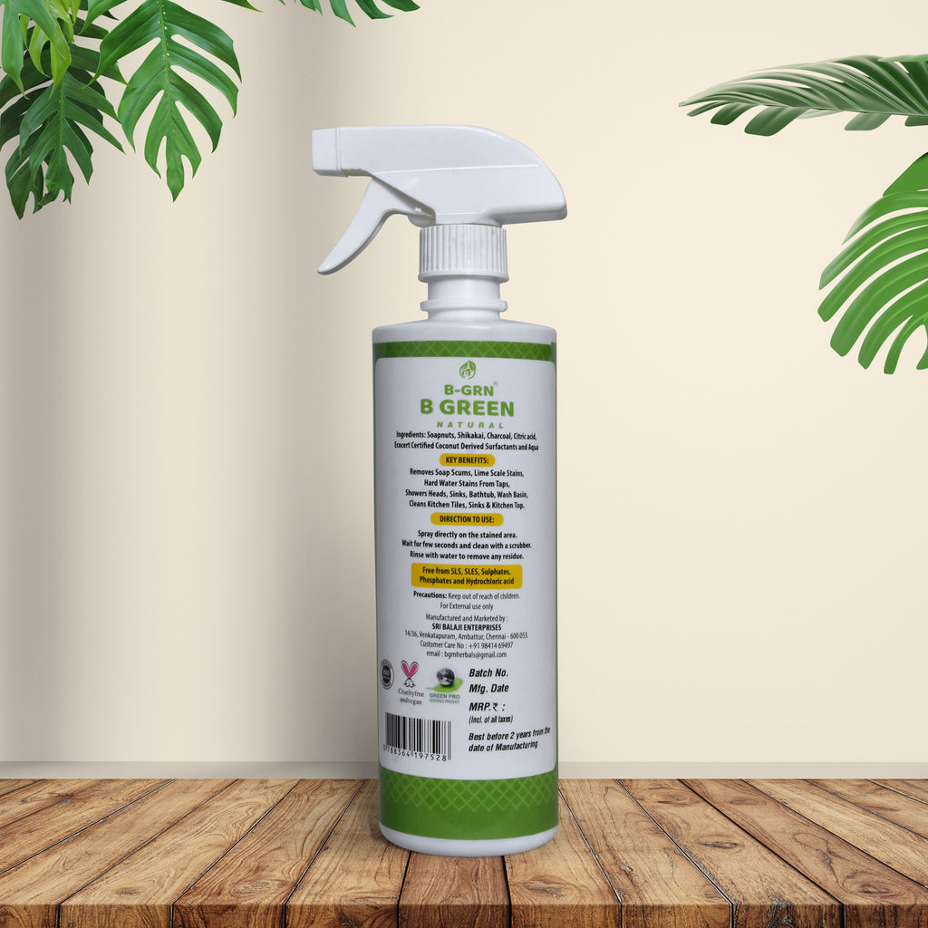 B-GRN BeGreen Wash activated charcoal limescale remover back label activated charcoal & citric acid natural ingredients