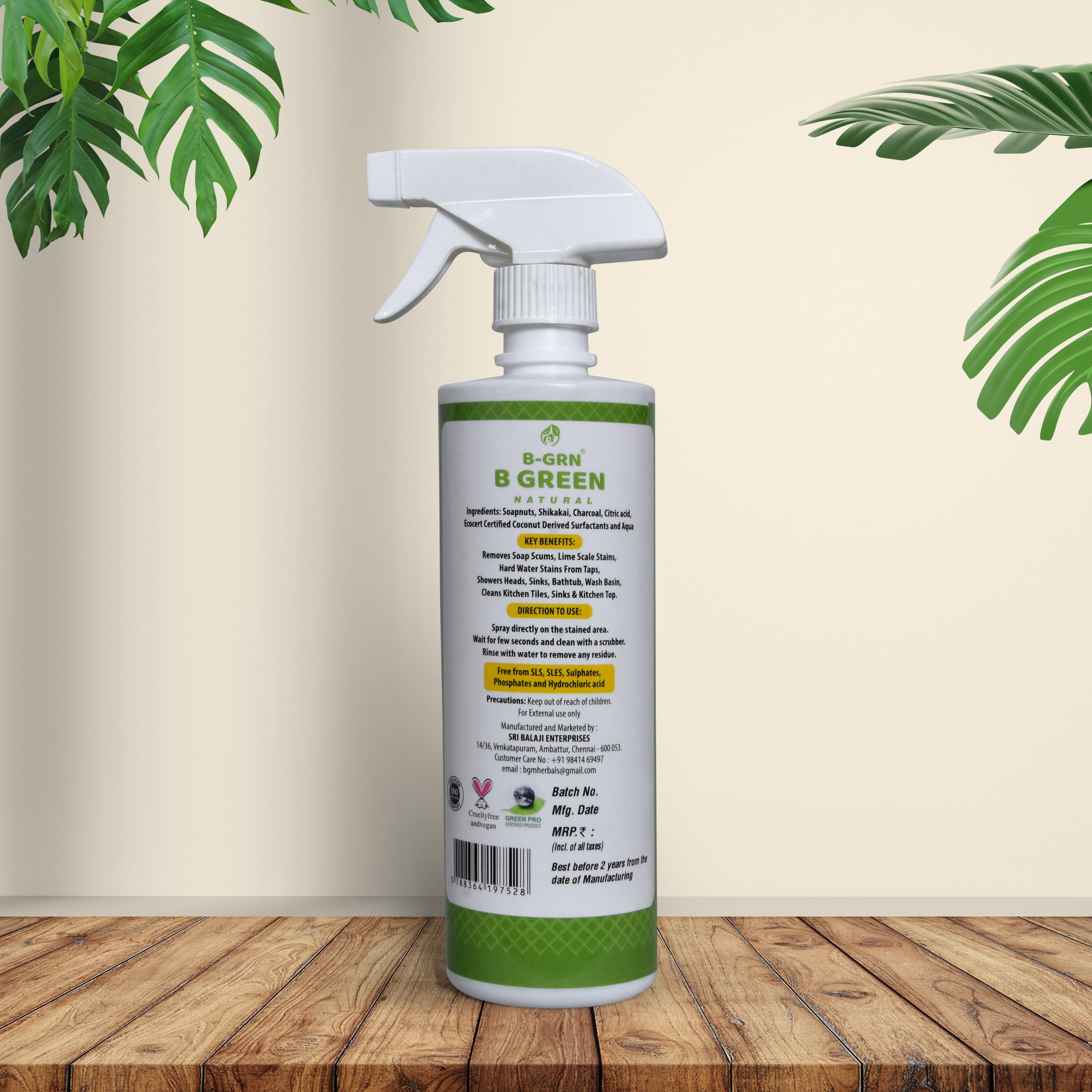 B-GRN BeGreen Wash activated charcoal limescale remover back label activated charcoal & citric acid natural ingredients