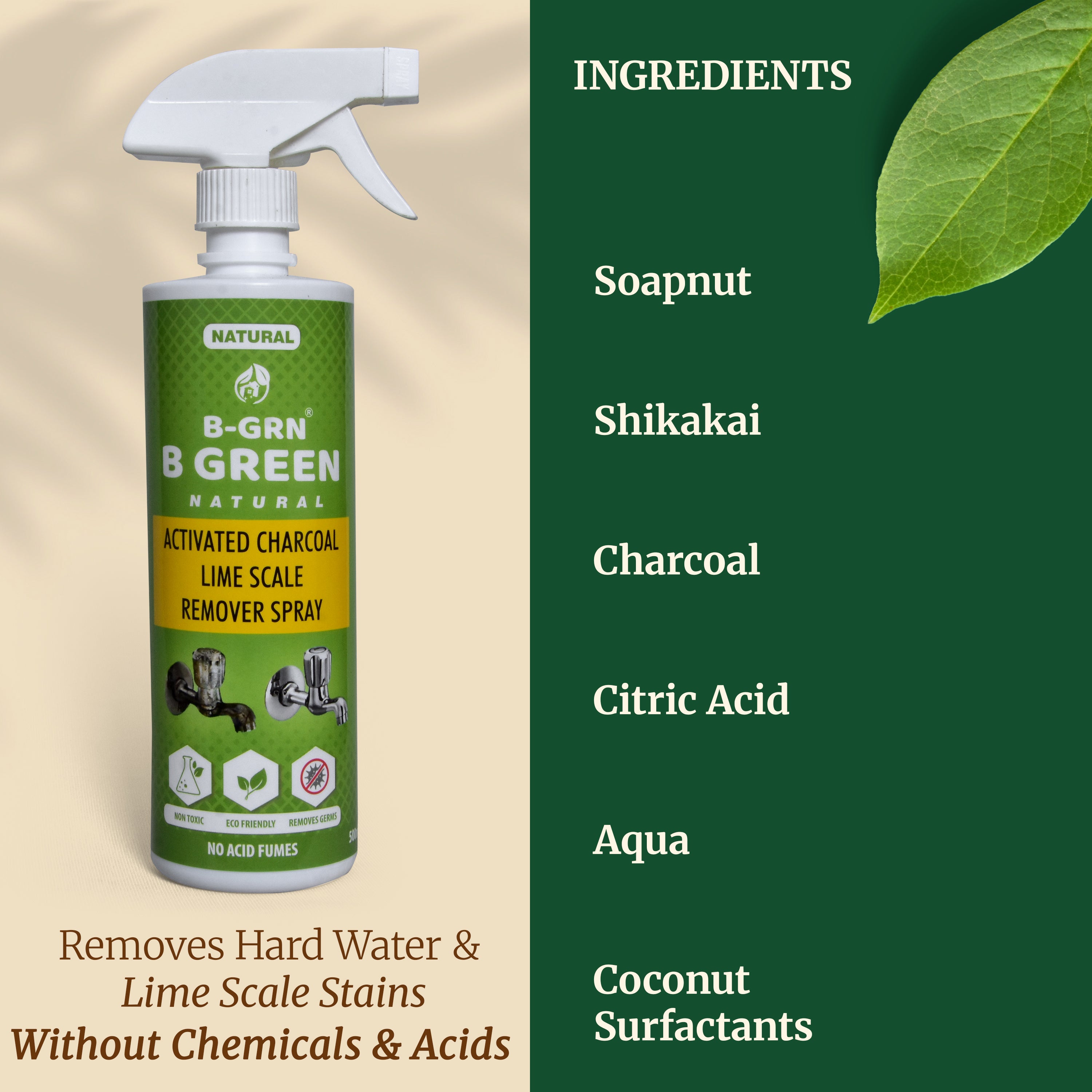 Activated charcoal & citric acid key ingredients in B-GRN BeGreen Wash activated charcoal limescale remover
