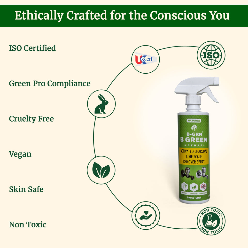 B-GRN BeGreen Wash Activated Charcoal Limescale Remover —ISO certified, cruelty-free, vegan, skin-safe, and non-toxic
natural cleaning spray
