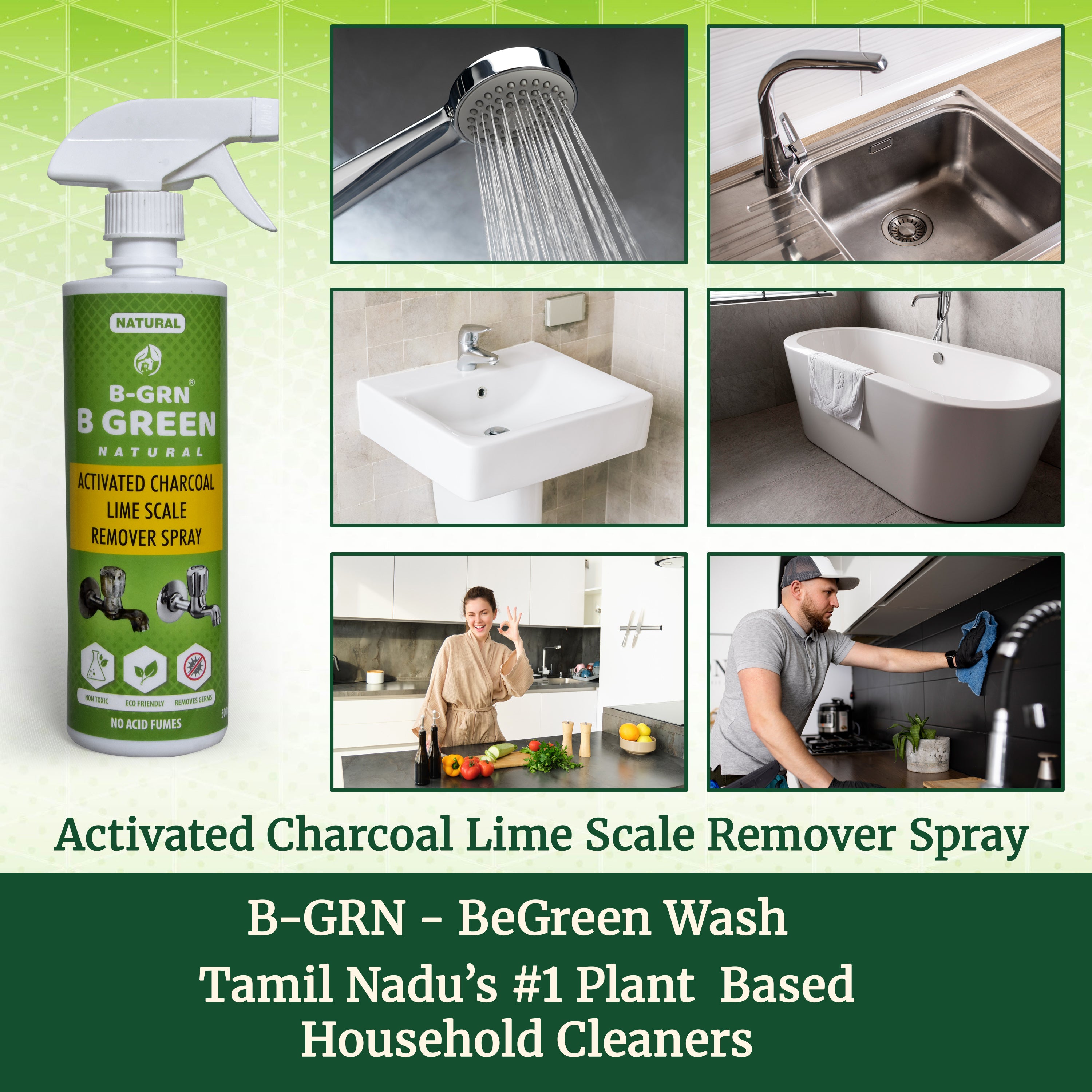 B-GRN BeGreen Wash natural activated charcoal lime scale remover spray in use — activated charcoal limescale remover plant-based natural