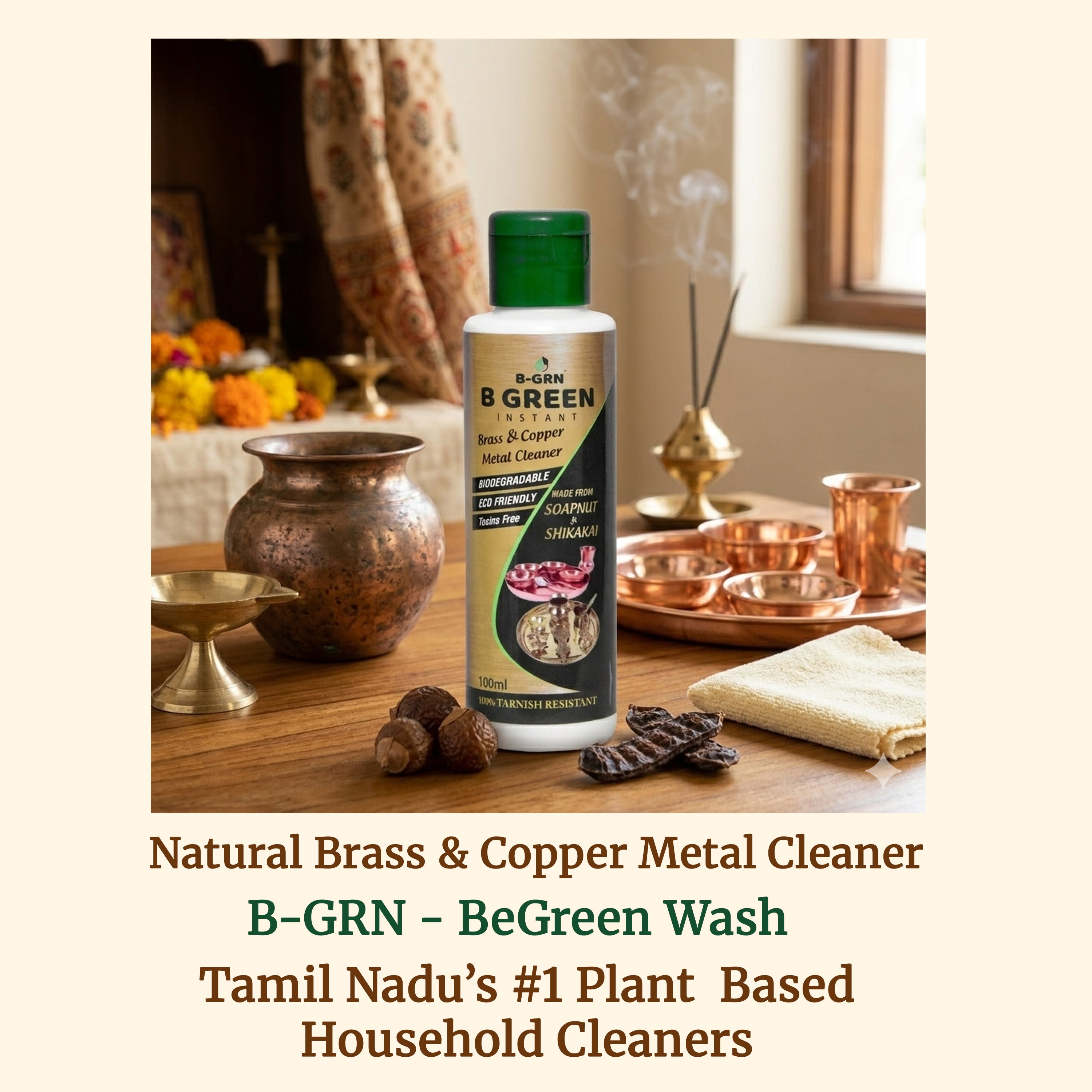 B-GRN BeGreen Wash brass & copper metal cleaner in use—natural brass and copper cleaner plant-based natural