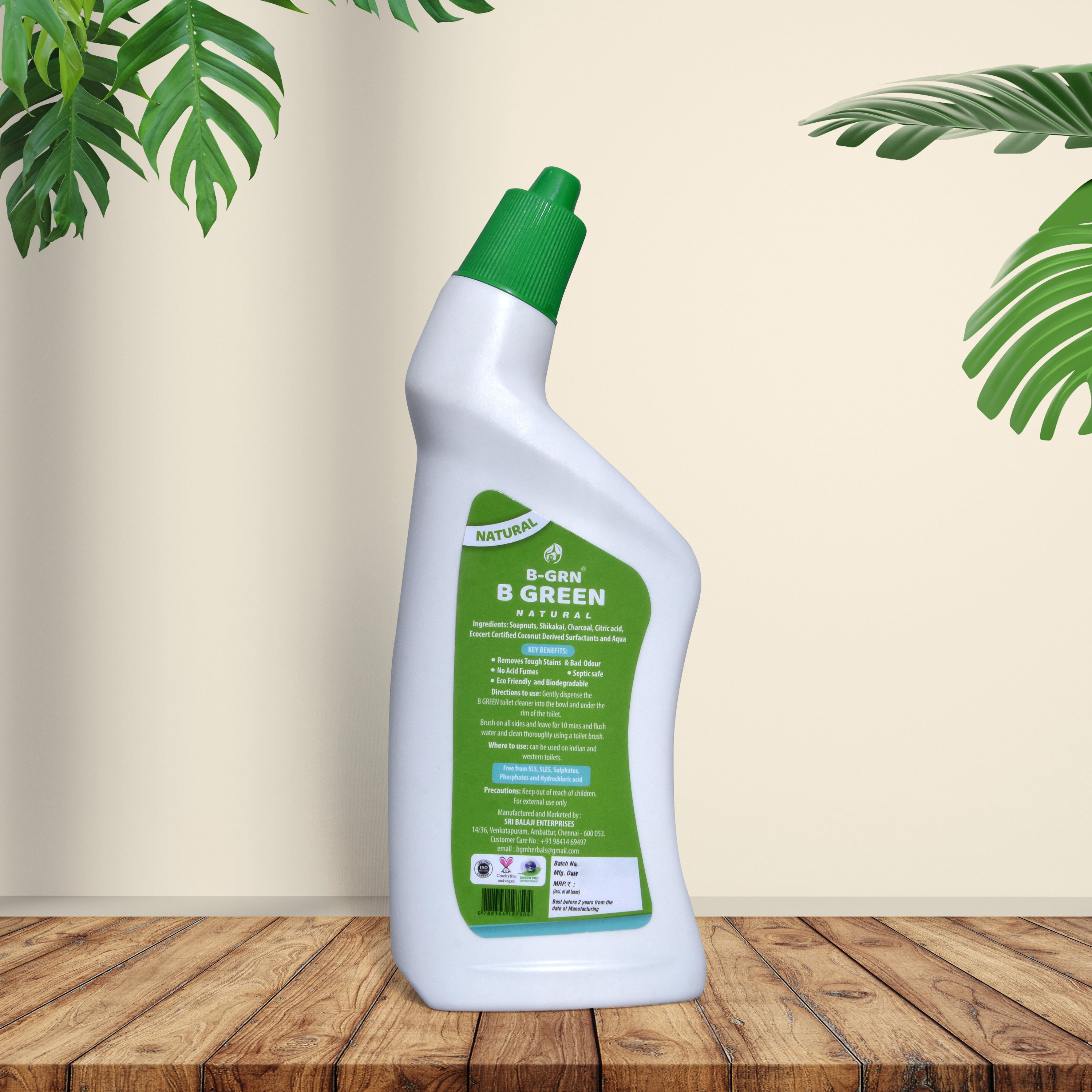 B-GRN BeGreen Wash activated charcoal toilet cleaner 500 ml back label—full ingredient list and directions made in Chennai