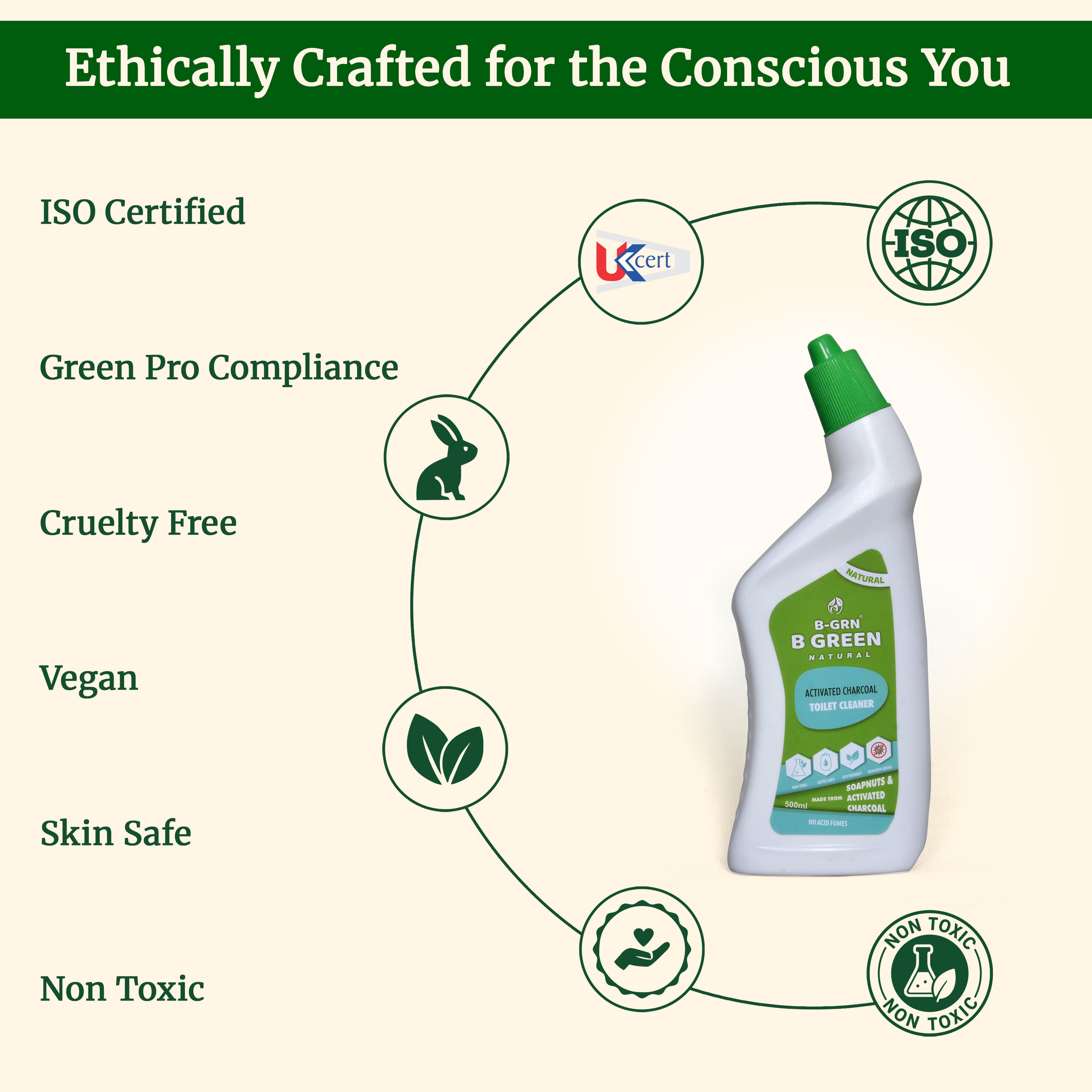 B-GRN BeGreen Wash charcoal toilet cleaner — ISO certified, cruelty-free, vegan, skin safe and non-toxic natural formula