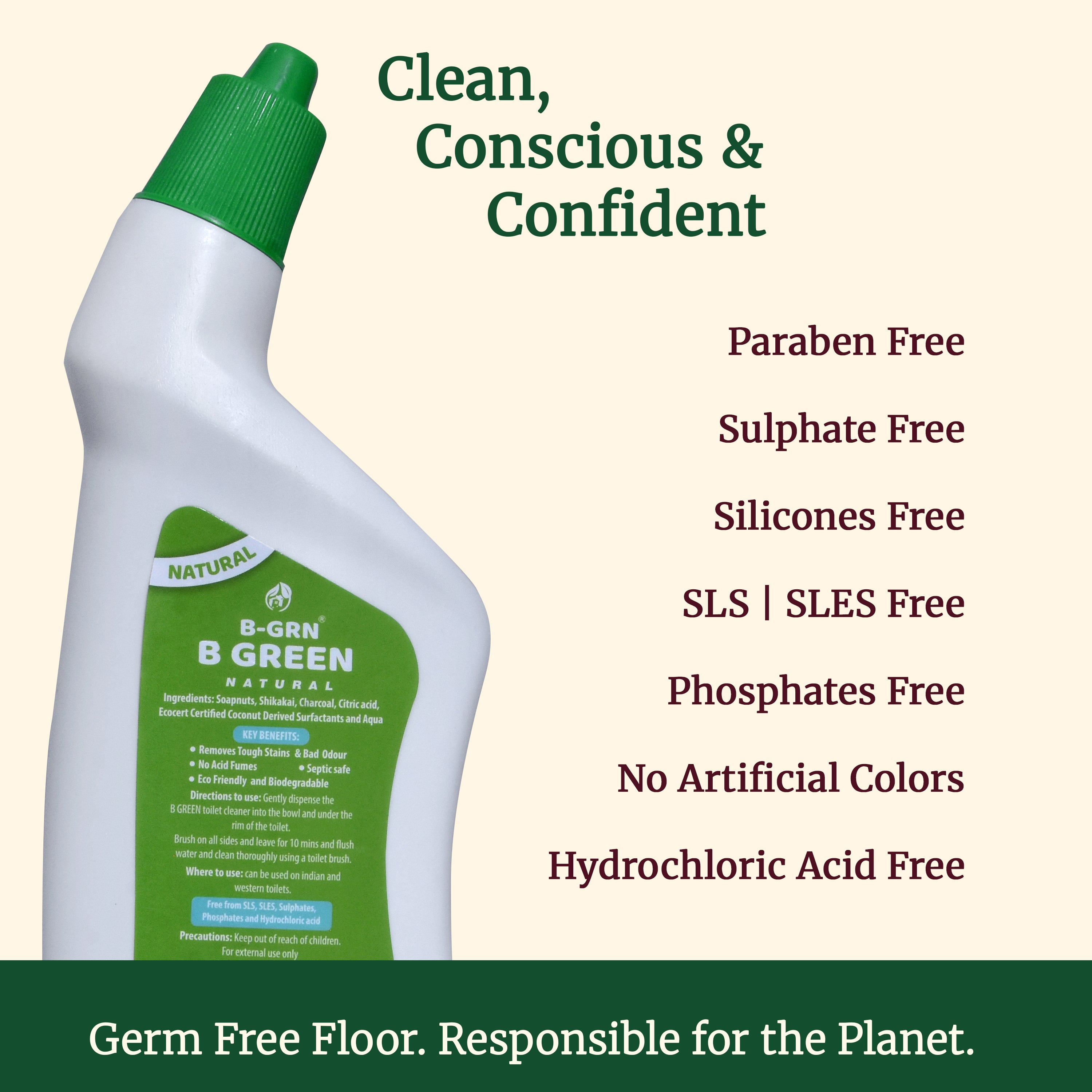 B-GRN BeGreen Wash charcoal toilet cleaner — acid-free, paraben-free, sulphate-free, SLS-SLES-free, silicone-free, phosphate-free, bleach-free and ammonia-free