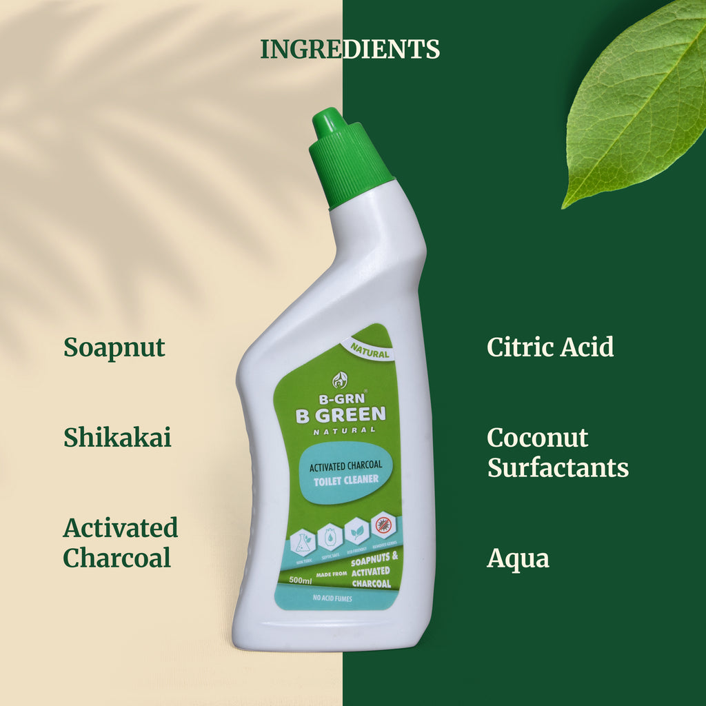 Ingredients in B-GRN BeGreen Wash charcoal toilet cleaner—soapnut, shikakai, activated charcoal, citric acid, coconut-based surfactant, food-grade preservatives and water