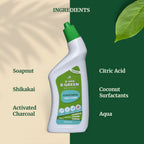 Ingredients in B-GRN BeGreen Wash charcoal toilet cleaner—soapnut, shikakai, activated charcoal, citric acid, coconut-based surfactant, food-grade preservatives and water