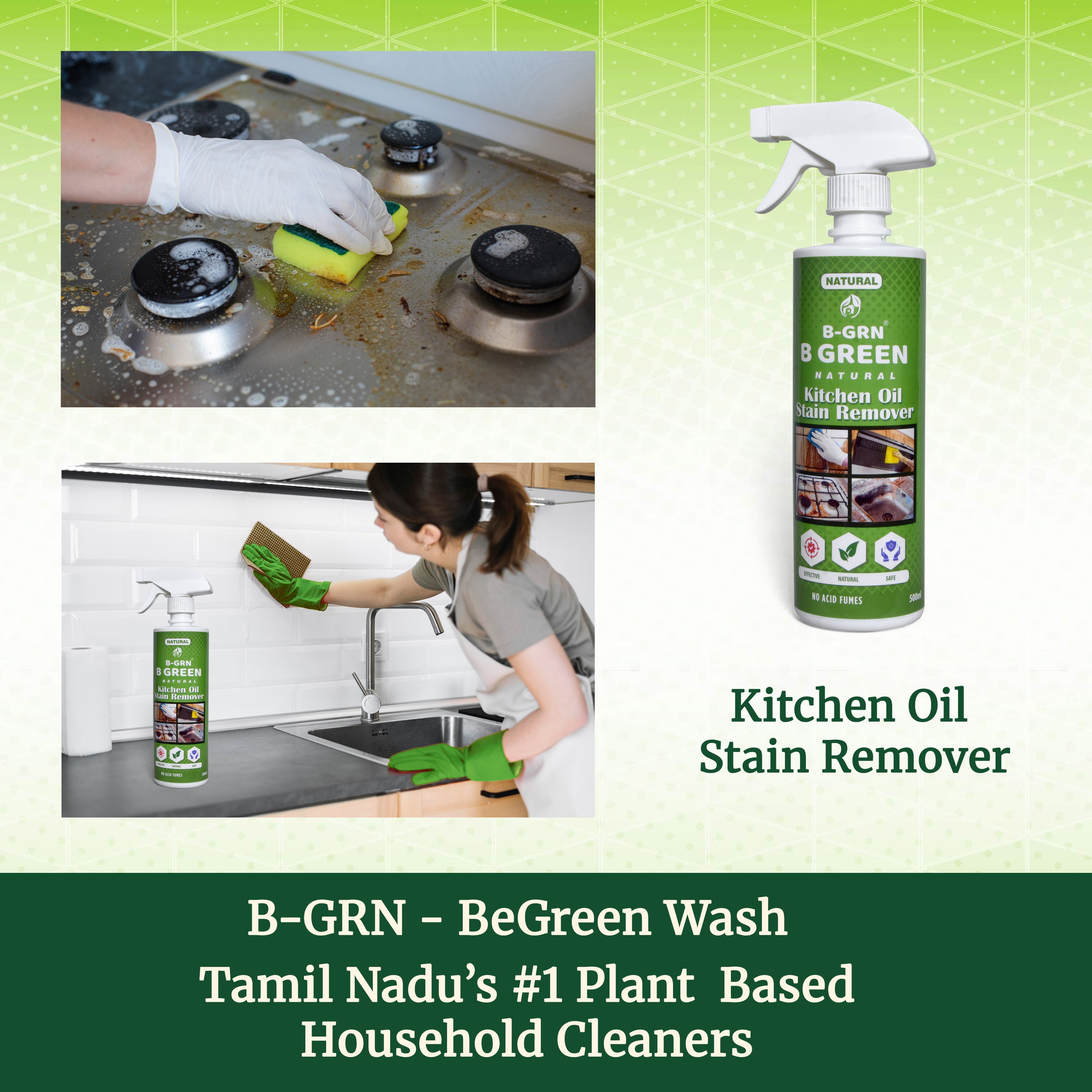 B-GRN BeGreen Wash natural kitchen oil stain remover in use—kitchen oil stain remover plant-based natural