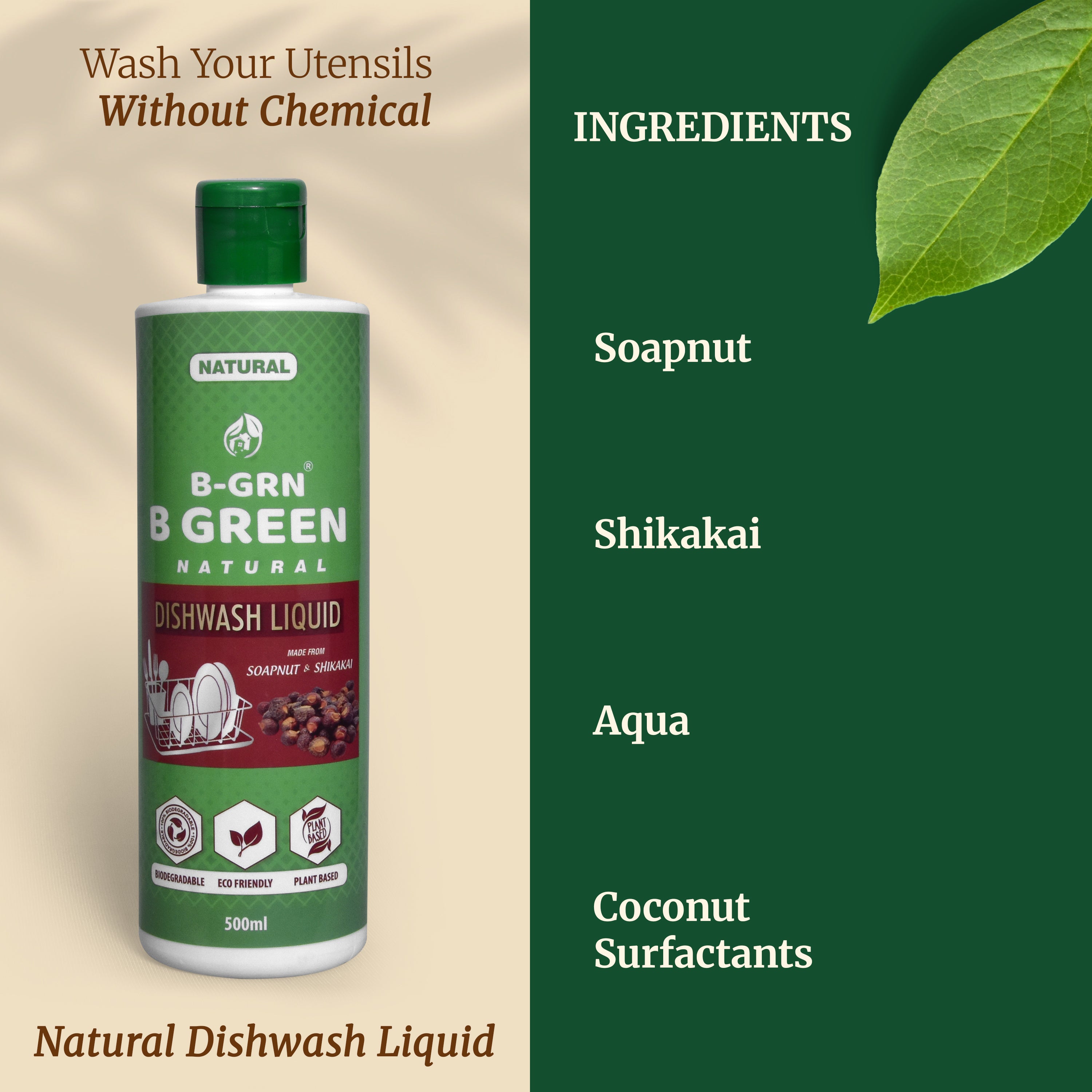 B-GRN BeGreen Wash natural dishwashing liquid back label—full ingredient list, no SLS, no sulphates