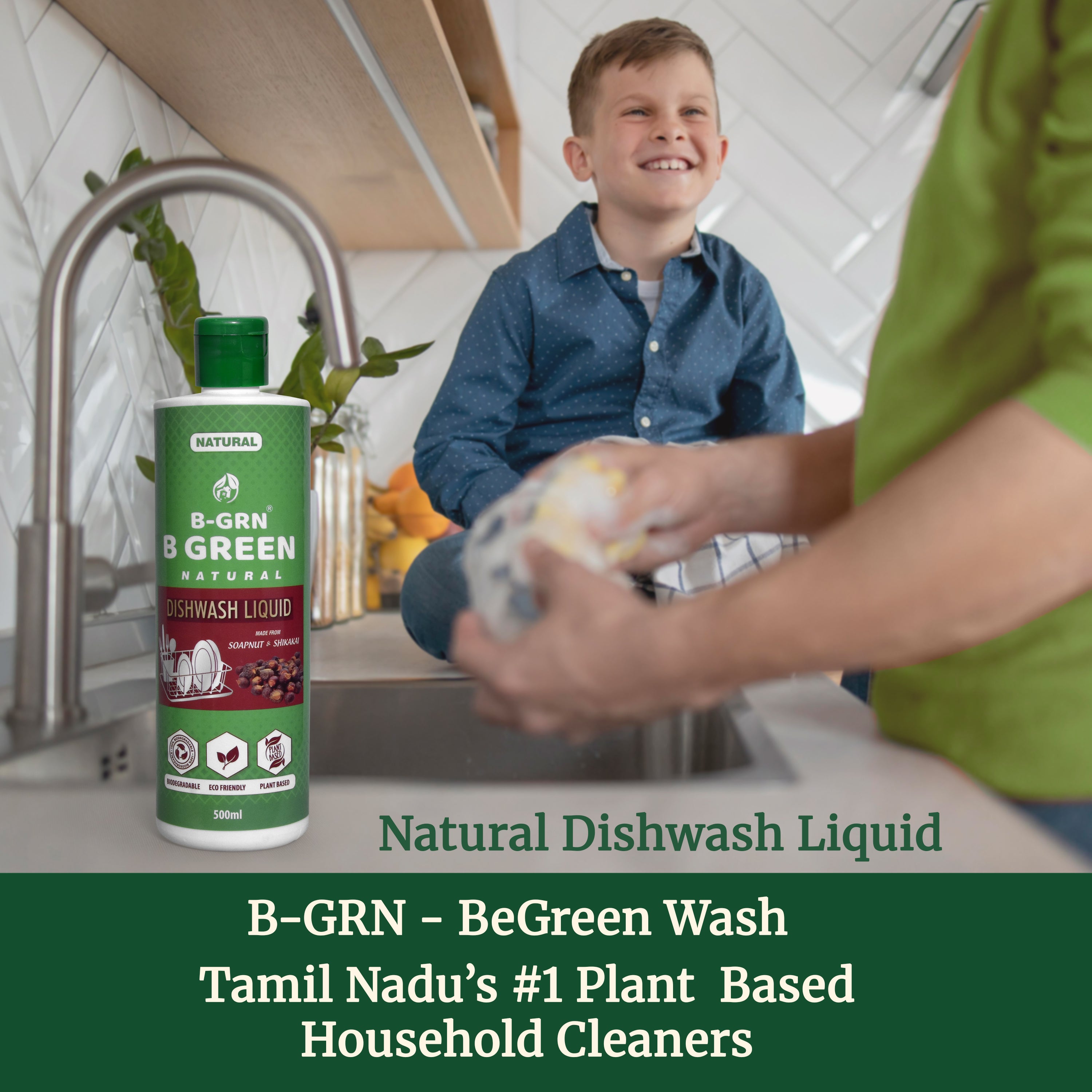B-GRN BeGreen Wash natural dishwashing liquid being used at kitchen sink — plant-based, safe for family utensils