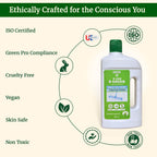 Bottle of B Green cleaning solution with ethical certification icons on a green background