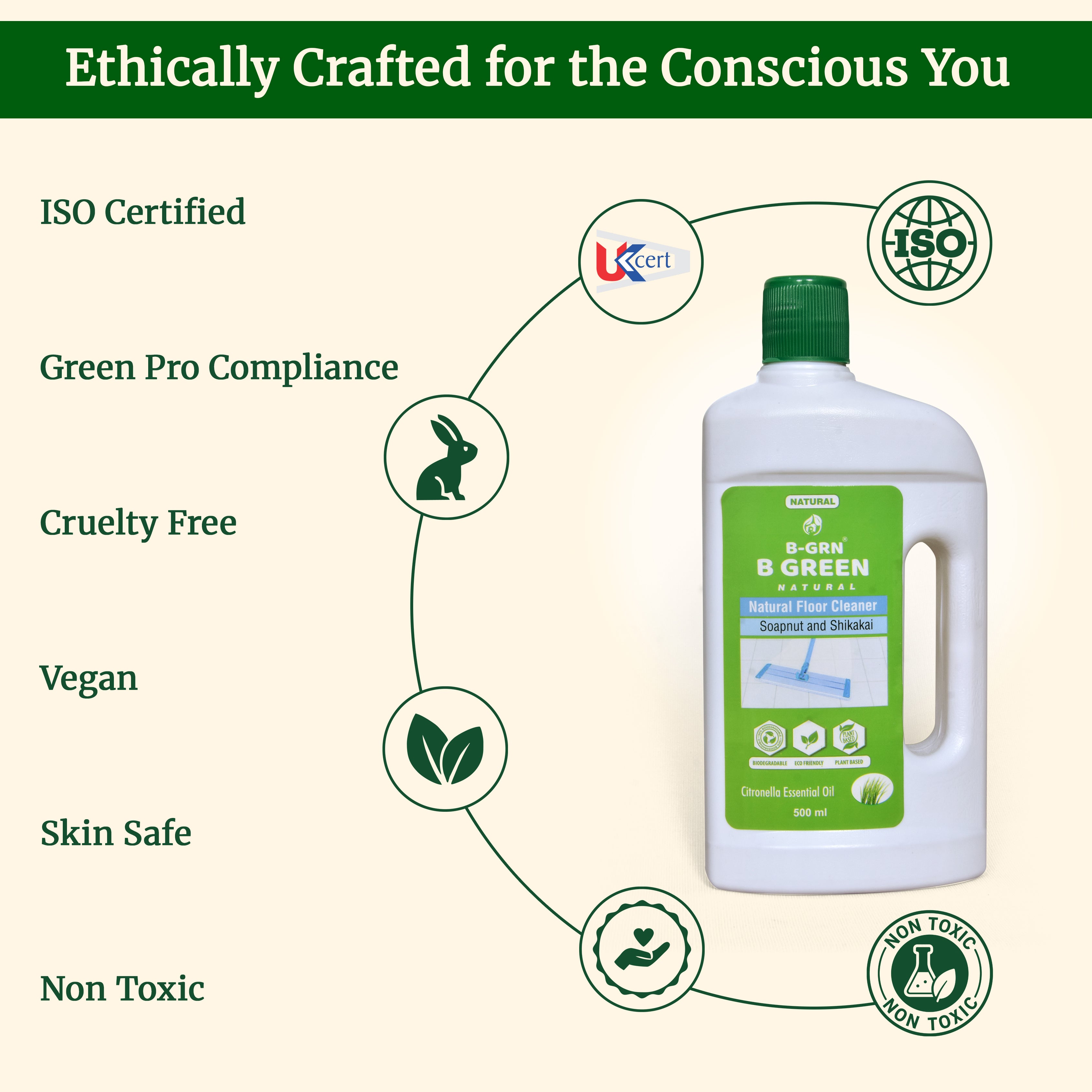 Bottle of B Green cleaning solution with ethical certification icons on a green background