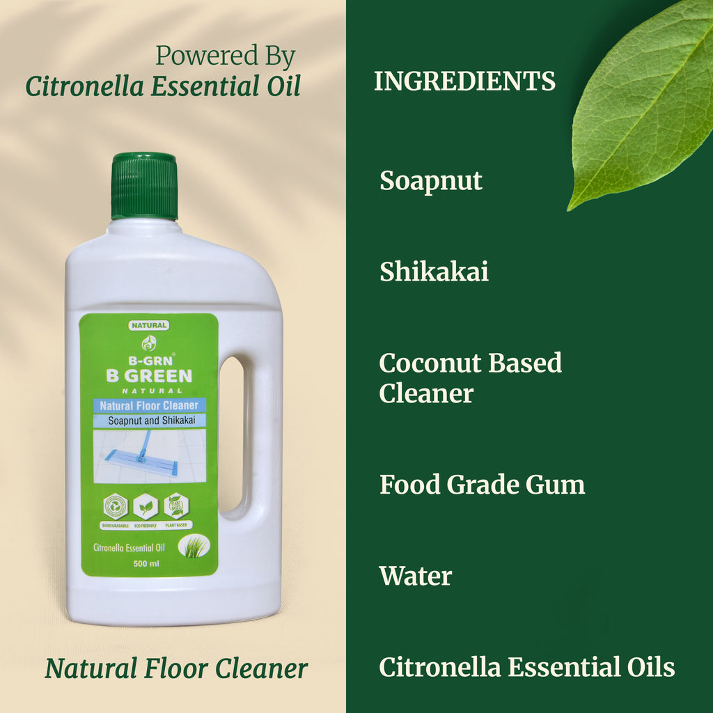 Soapnut & essential oil key ingredients in B-GRN BeGreen Wash floor cleaner liquid