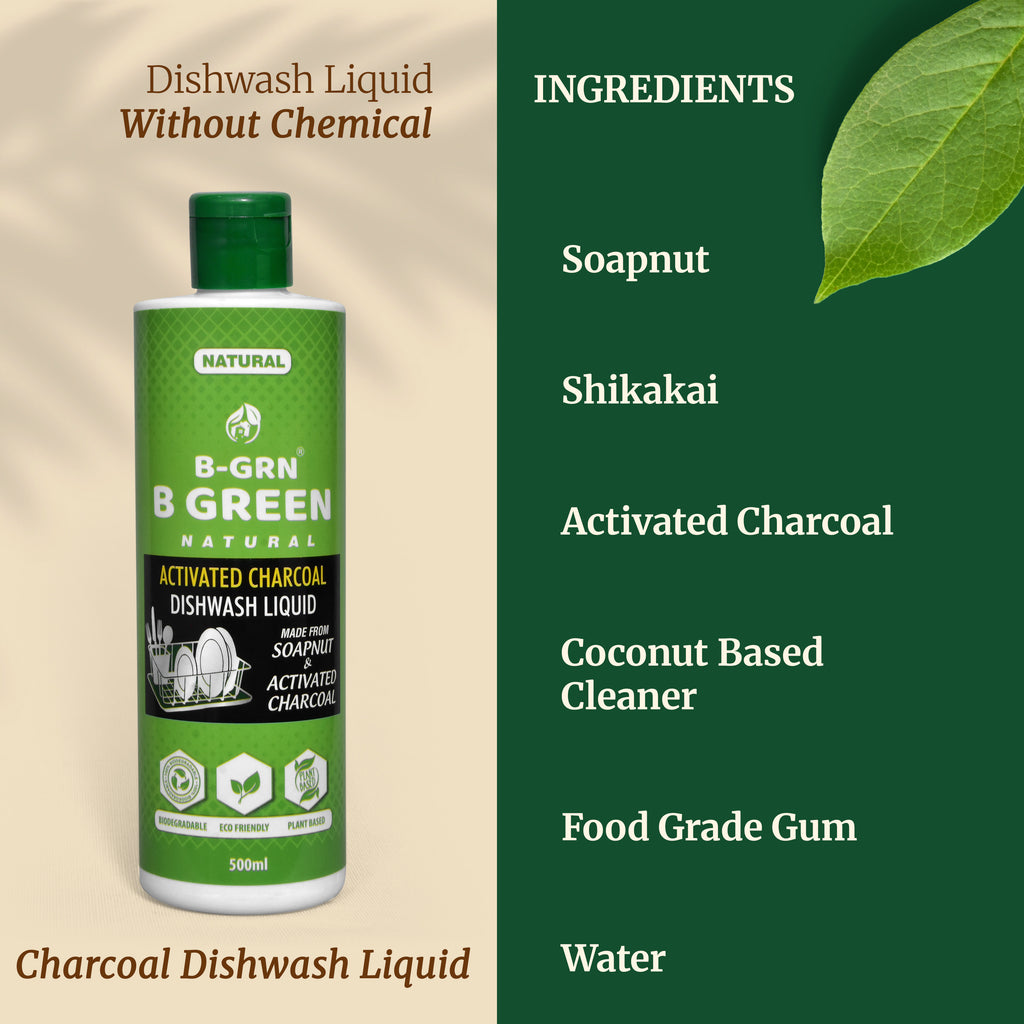 B-GRN charcoal dishwash liquid ingredient label—soapnut, shikakai, activated charcoal, coconut-based cleaner, no SLS