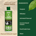 B-GRN charcoal dishwash liquid ingredient label—soapnut, shikakai, activated charcoal, coconut-based cleaner, no SLS
