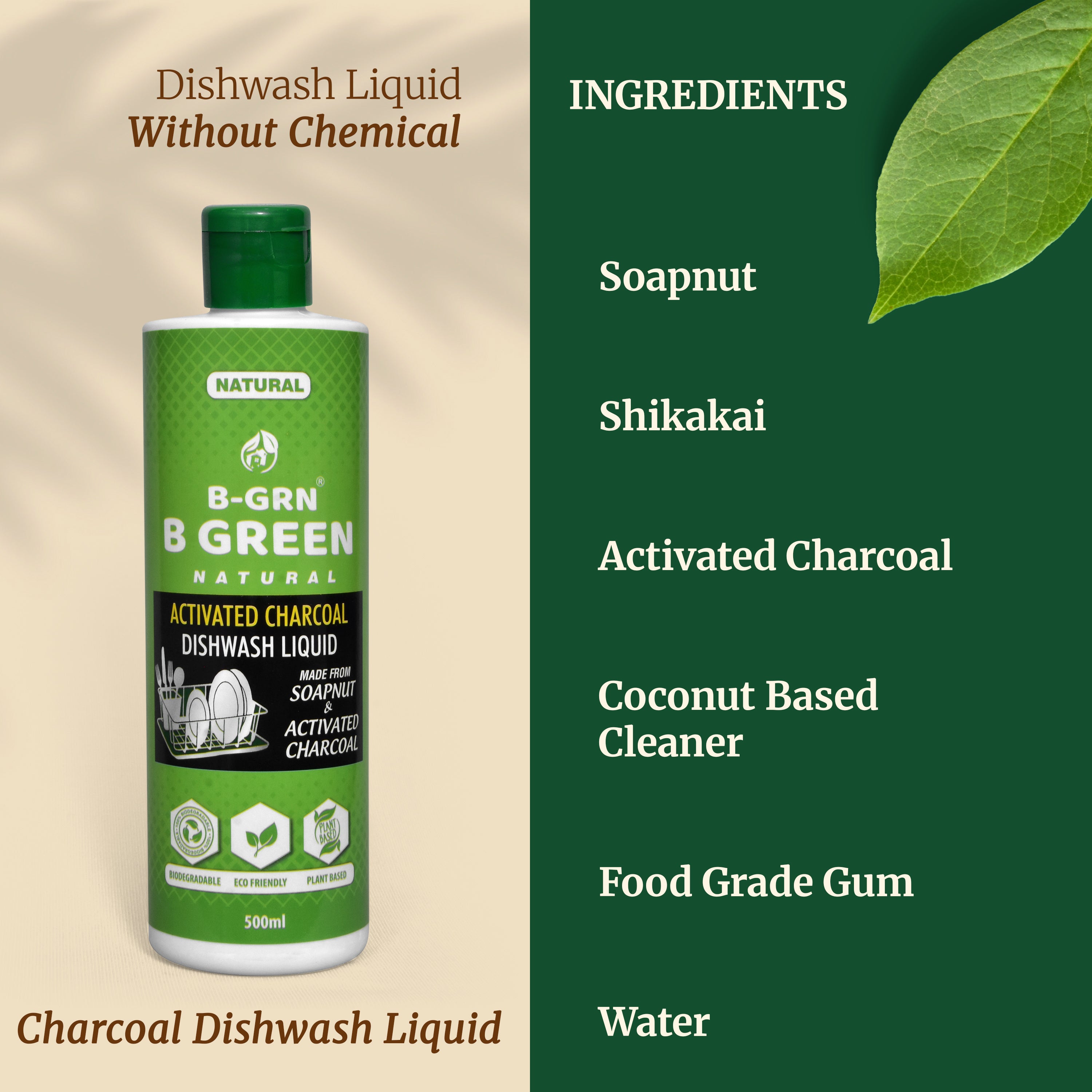 B-GRN charcoal dishwash liquid ingredient label—soapnut, shikakai, activated charcoal, coconut-based cleaner, no SLS